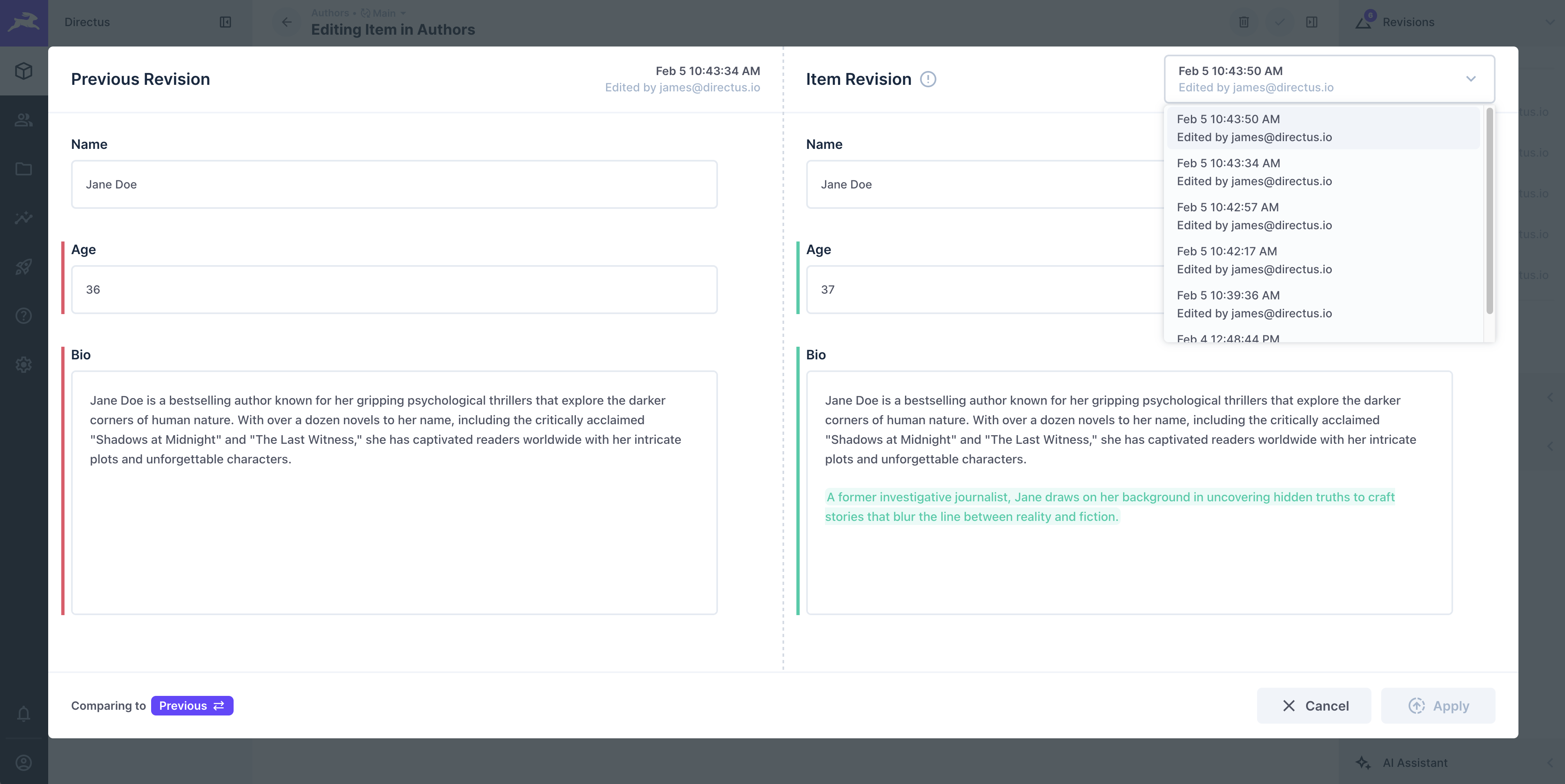 Revisions Selector